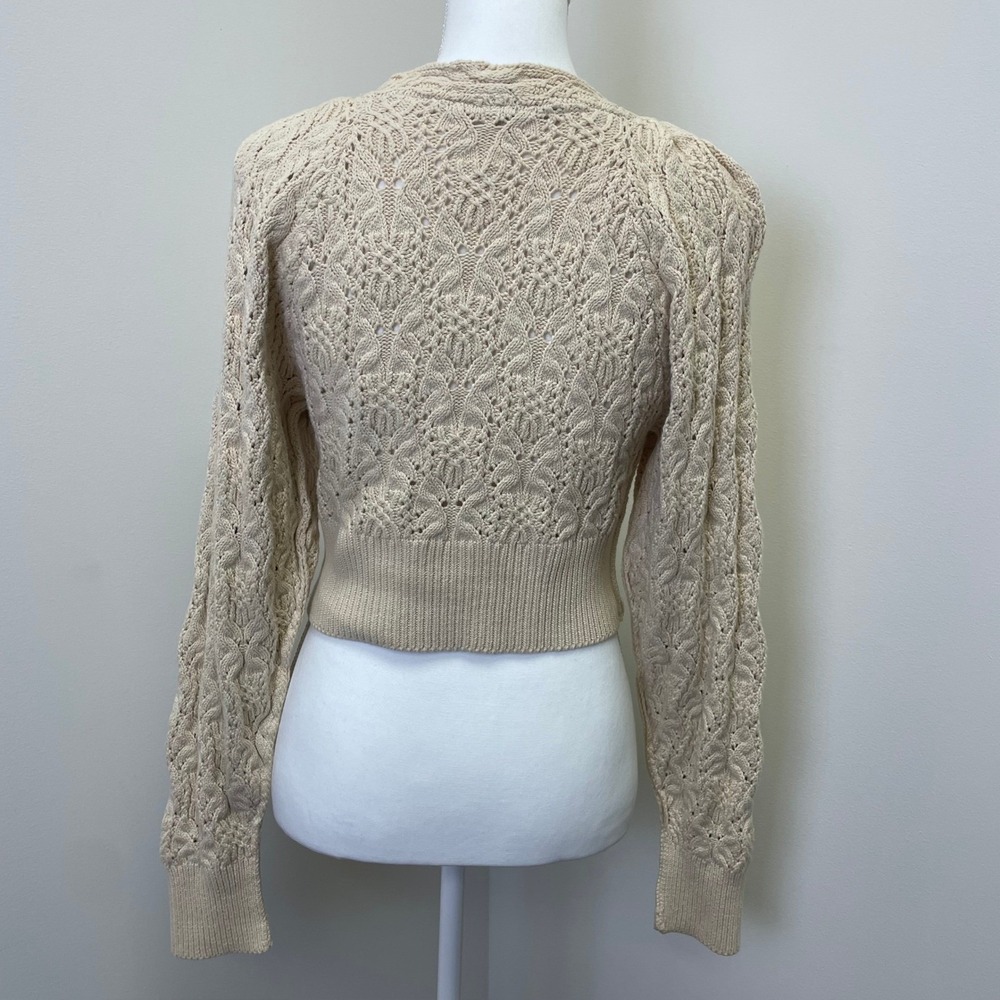 Free People Cream Pointelle Cable Knit Wrap Cardigan XS Puff Sleeve Cropped - Picture 6 of 14